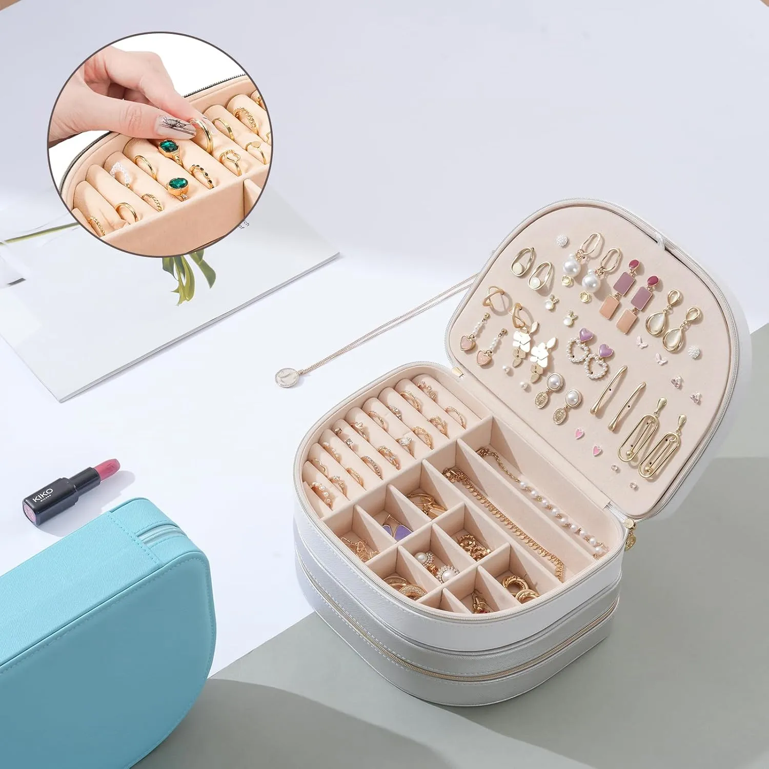 ProCase Travel Size Jewelry Box, Large Portable Seashell-Shaped Jewelry Case, 2 Layer Jewelry Organizer in PU Leather for Women -White
