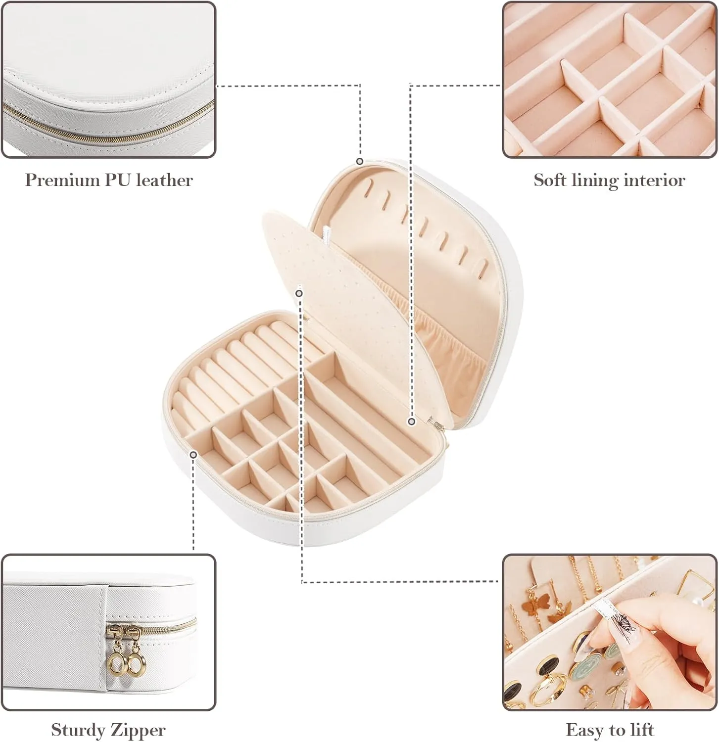 ProCase Travel Size Jewelry Box, Large Portable Seashell-Shaped Jewelry Case, 2 Layer Jewelry Organizer in PU Leather for Women -White