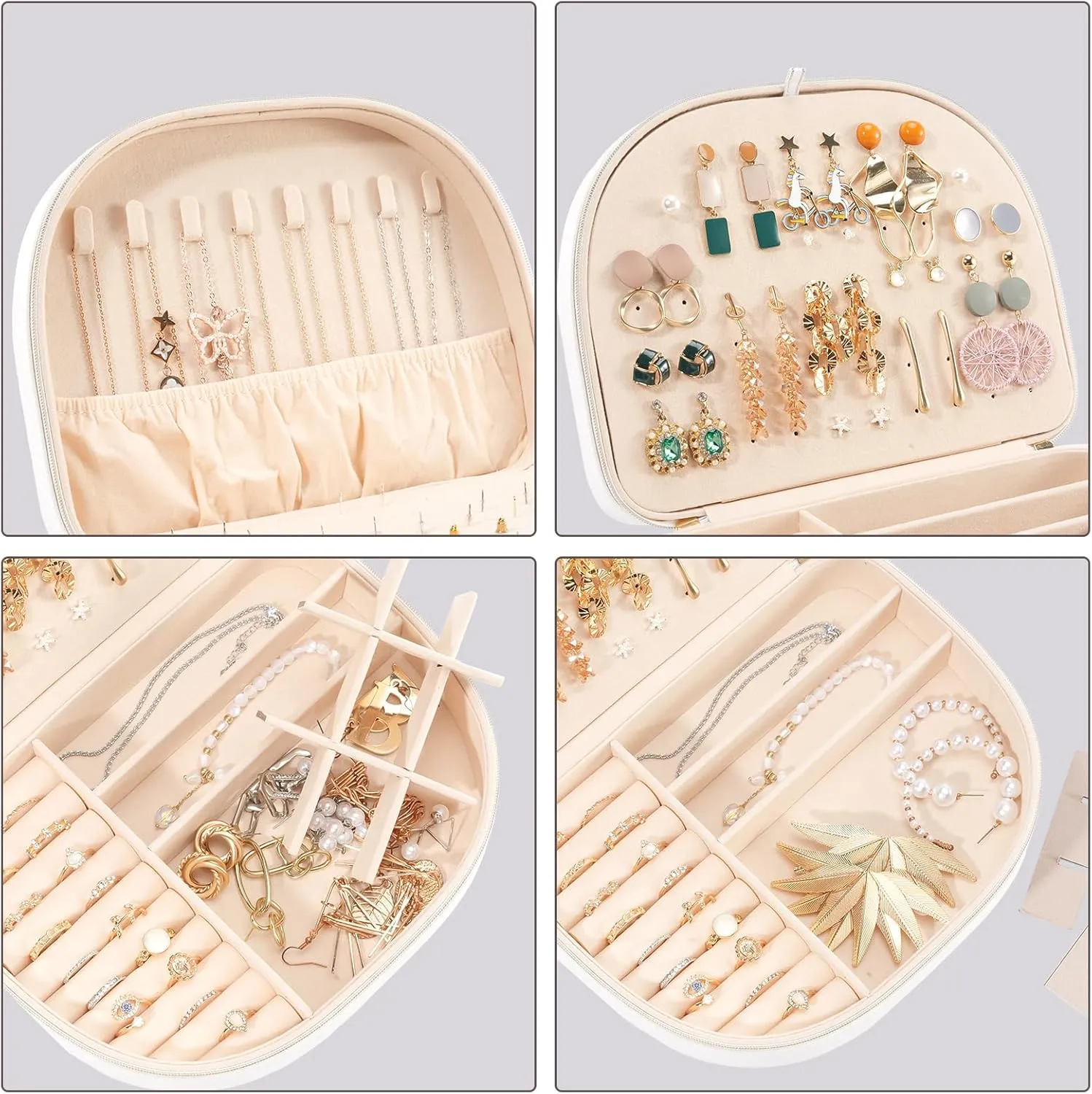 ProCase Travel Size Jewelry Box, Large Portable Seashell-Shaped Jewelry Case, 2 Layer Jewelry Organizer in PU Leather for Women -White
