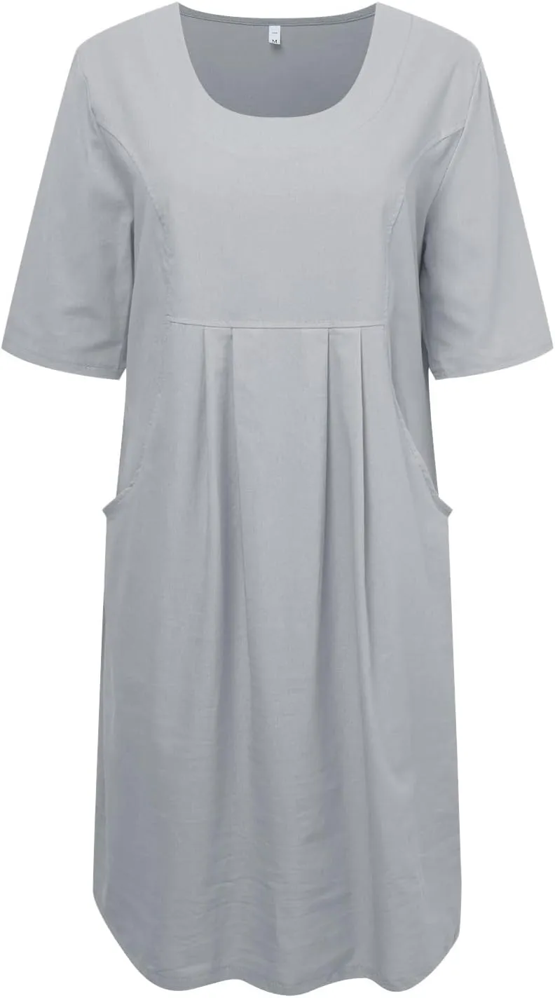 PTOLOCIF Summer Dresses for Women Solid Color Cotton Linen Pockets Tunic Midi Dress Mini Dress