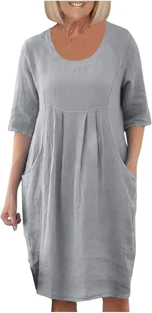 PTOLOCIF Summer Dresses for Women Solid Color Cotton Linen Pockets Tunic Midi Dress Mini Dress