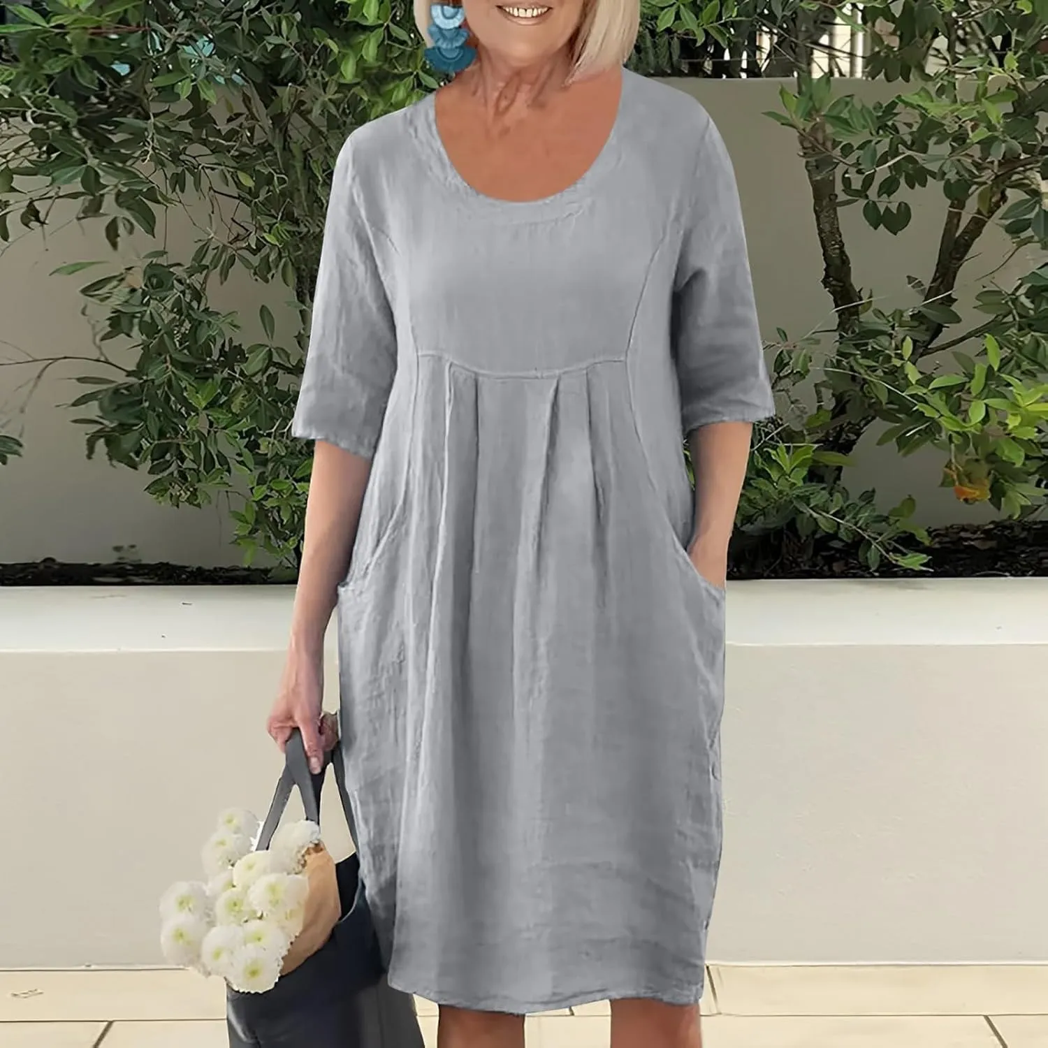 PTOLOCIF Summer Dresses for Women Solid Color Cotton Linen Pockets Tunic Midi Dress Mini Dress