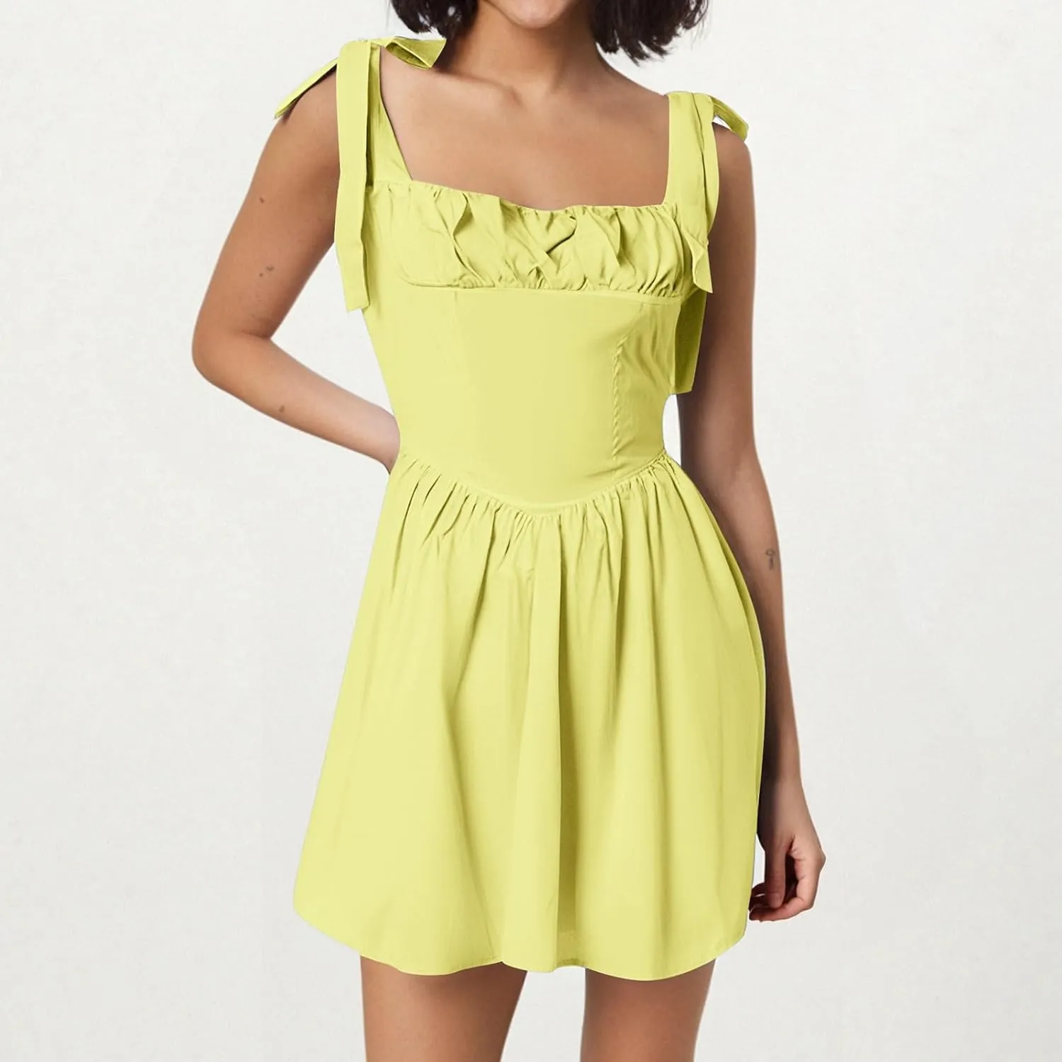 PTOLOCIF Women's Summer Sexy Sleeveless Square Neck Drop Waist Backless Ruffle Tie Flowy Prom Party Mini Dress Summer