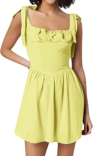 PTOLOCIF Women's Summer Sexy Sleeveless Square Neck Drop Waist Backless Ruffle Tie Flowy Prom Party Mini Dress Summer