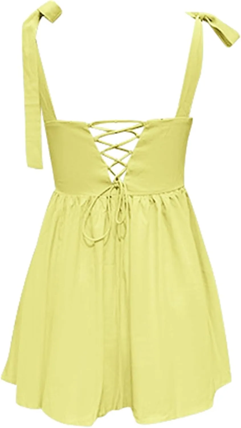 PTOLOCIF Women's Summer Sexy Sleeveless Square Neck Drop Waist Backless Ruffle Tie Flowy Prom Party Mini Dress Summer