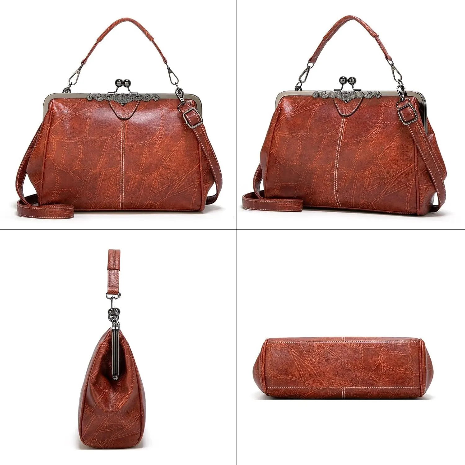 PU Leather Handbags for Women Evening Clutch Satchel Purse Tote Women Vintage Kiss Lock