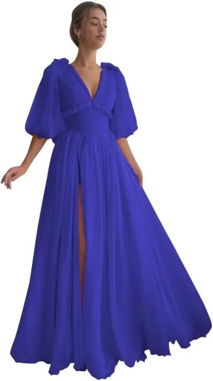 Puffy Sleeve Prom Dresses for Women A Line V Neck Formal Dresses with Slit Chiffon Long Evening Party Gown CR16