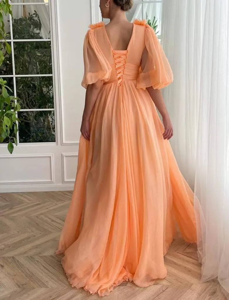 Puffy Sleeve Prom Dresses for Women A Line V Neck Formal Dresses with Slit Chiffon Long Evening Party Gown CR16