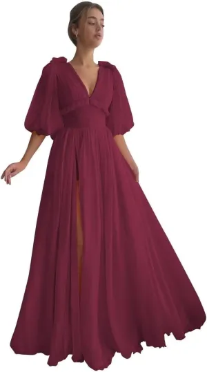 Puffy Sleeve Prom Dresses for Women A Line V Neck Formal Dresses with Slit Chiffon Long Evening Party Gown CR16