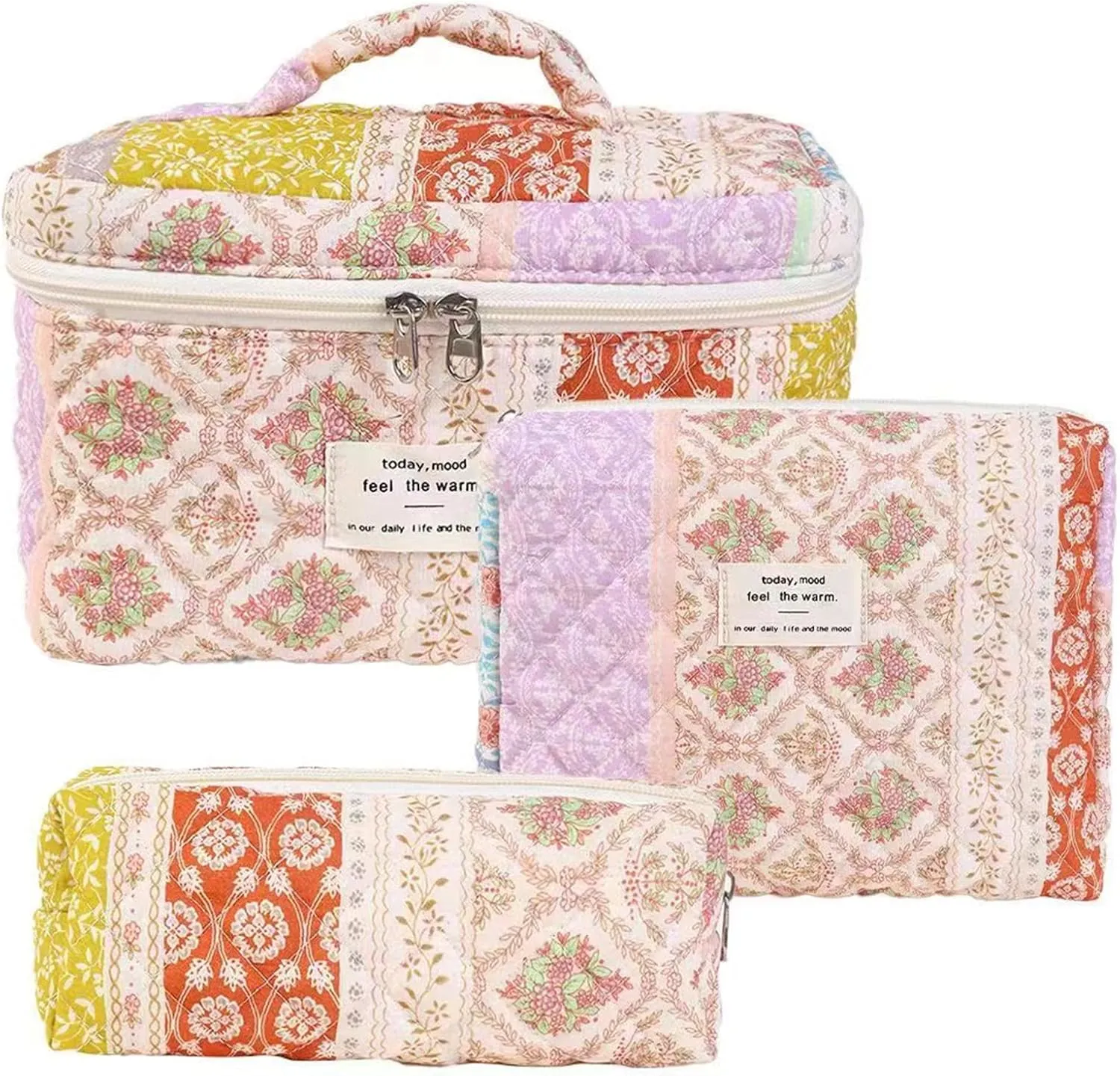 Quilted Makeup Bag,Cute Cotton Floral Make Up Bag Cosmetic Bag for Women Large Travel Toiletry Bag,Makeup Organizer Bag for Cosmetic Accessories,Style 3