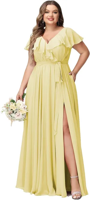 Raseal Women's Plus Size V Neck Bridesmaid Dresses with Pockets Ruffle Chiffon Slit Formal Evening Maxi Dress with Belt RS016