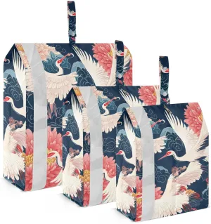 Red and White Crane Flowers 3 Piecing Packing Travel Bag Portable Garment Bag Closet Storage Organizer For Luggage Luggage Bags Organizers