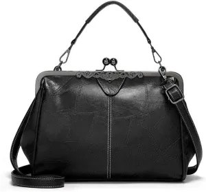 Retro Women Handbags Hollow Oil Wax PU Leather Handbag Kiss Lock Crossbody Purse Vintage Hobo Bags Messenger Bag Tote