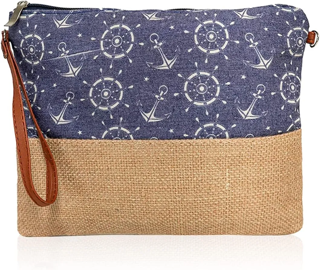 RIAH FASHION Portable Travel Multi Clutch Cosmetic Pouch Bag - Toiletry Makeup Organizer Wristlet Purse Stripe, Floral, Plaid, Leopard, Snake (Straw Bottom Wristlet Pouch - Anchor Navy)