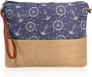 RIAH FASHION Portable Travel Multi Clutch Cosmetic Pouch Bag - Toiletry Makeup Organizer Wristlet Purse Stripe, Floral, Plaid, Leopard, Snake (Straw Bottom Wristlet Pouch - Anchor Navy)