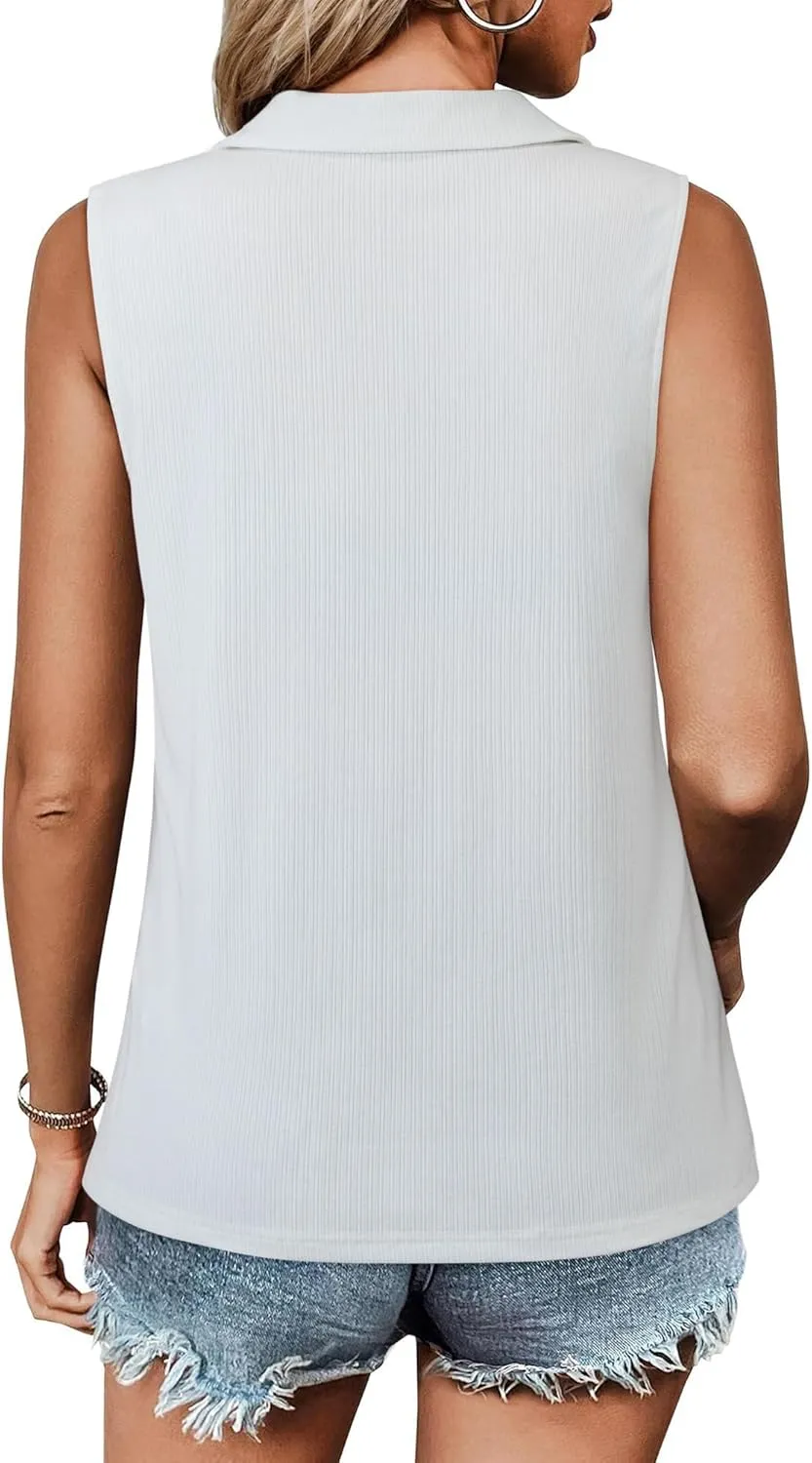 Ribbed Tank Tops for Women Zipper V Neck Dressy Casual Blouses Sleeveless Camisole Top Business Work Polo Shirts