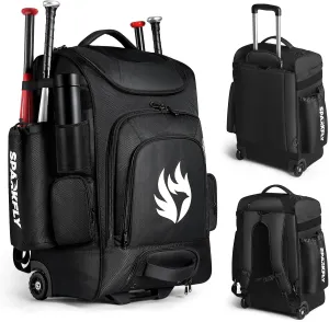 Rolling Baseball Bag, Wheeled with Hidden Backpack Straps, 4 Bat Sleeves, 2 Drink Pockets, Shoe Compartment Durable Equipment Softball bag