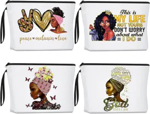 Roowest 4 Pcs African American Makeup Bag Black Women Cosmetics Bag Inspirational Gifts Travel Zippered Toiletry Canvas Makeup Pouch Reusable Multi Purpose Organizer for Women Lady