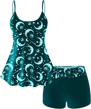 Rosegal Plus Size Women Gothic Tummy Control Modest Tankini Swimsuit Sun Moon Boyleg Padded Tankini Swimwear