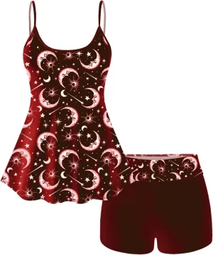 Rosegal Plus Size Women Gothic Tummy Control Modest Tankini Swimsuit Sun Moon Boyleg Padded Tankini Swimwear