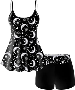 Rosegal Plus Size Women Gothic Tummy Control Modest Tankini Swimsuit Sun Moon Boyleg Padded Tankini Swimwear
