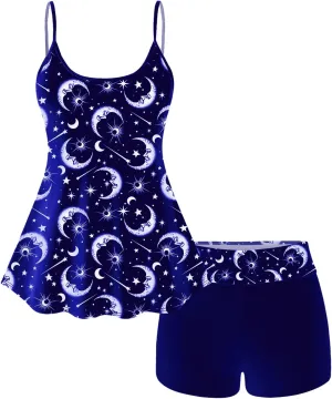 Rosegal Plus Size Women Gothic Tummy Control Modest Tankini Swimsuit Sun Moon Boyleg Padded Tankini Swimwear