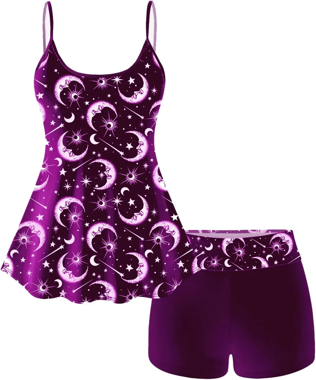 Rosegal Plus Size Women Gothic Tummy Control Modest Tankini Swimsuit Sun Moon Boyleg Padded Tankini Swimwear