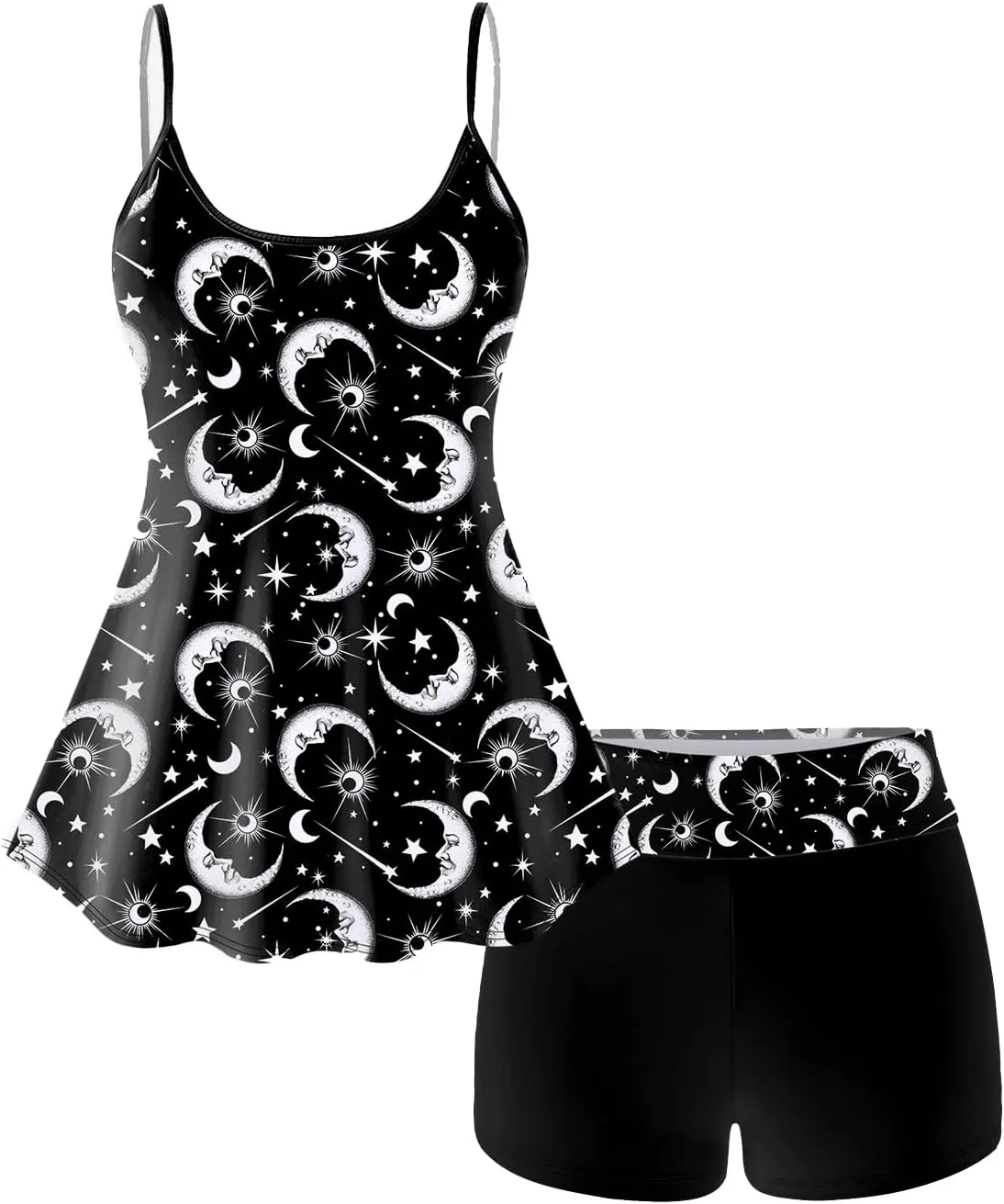 Rosegal Plus Size Women Gothic Tummy Control Modest Tankini Swimsuit Sun Moon Boyleg Padded Tankini Swimwear
