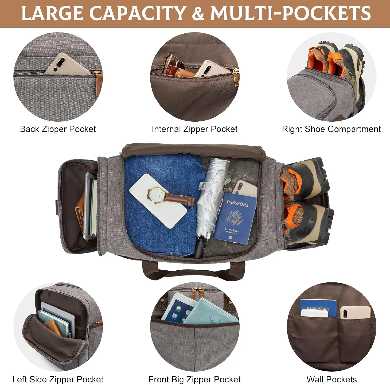S-ZONE 65L Expandable Canvas Duffle Bag Travel Overnight Holdall Weekend Bag with Shoes Compartment Large Carry On Bag Tote Gym Bag for Men Women, Light Gray, X-Large