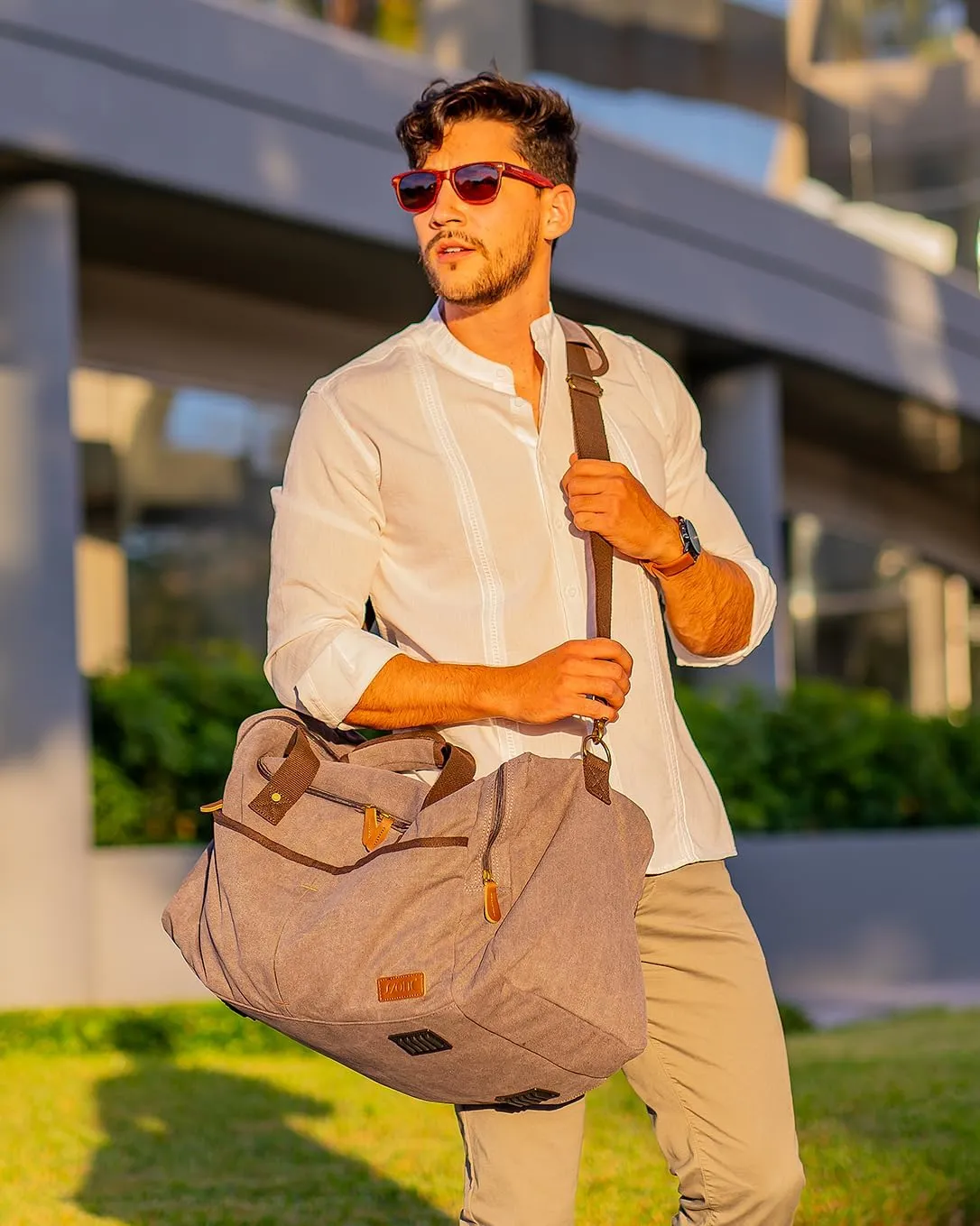 S-ZONE 65L Expandable Canvas Duffle Bag Travel Overnight Holdall Weekend Bag with Shoes Compartment Large Carry On Bag Tote Gym Bag for Men Women, Light Gray, X-Large