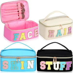 Sanwuta 4 Pcs Chenille Letter Makeup Bag Preppy Patch Cosmetic Bag Nylon Makeup Pouch Portable Travel Large Stuff Bag Toiletry Storage Bag with Zipper and Handle (Pink, Blue, Black, Beige)