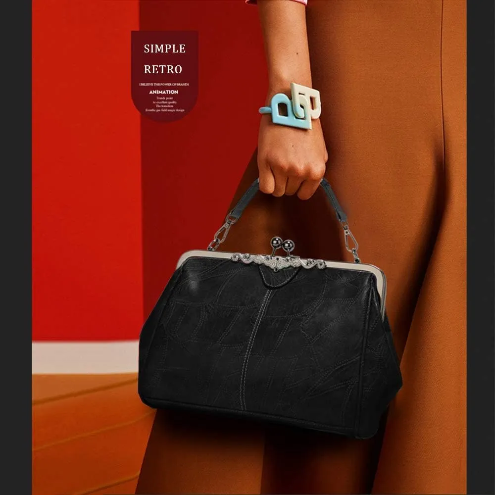 Segater Women Retro Hollow Oil Wax PU Leather Handbag Kiss Lock Crossbody Purse Vintage Messenger Bag Tote
