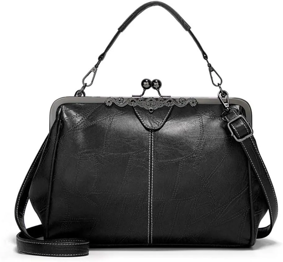 Segater Women Retro Hollow Oil Wax PU Leather Handbag Kiss Lock Crossbody Purse Vintage Messenger Bag Tote