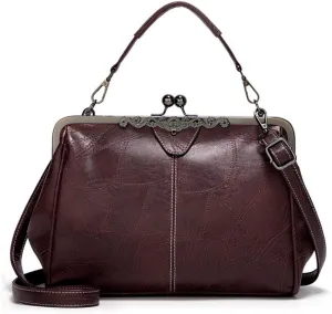 Segater Women Retro Hollow Oil Wax PU Leather Handbag Kiss Lock Crossbody Purse Vintage Messenger Bag Tote