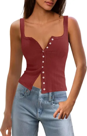 SENSERISE Womens Camisole Tank Tops Going Out Top Sleeveless Ribbed Button Shirts Tight Basic Summer Outfits
