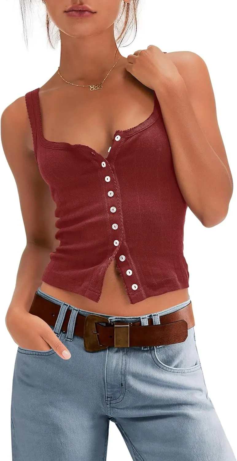 SENSERISE Womens Camisole Tank Tops Going Out Top Sleeveless Ribbed Button Shirts Tight Basic Summer Outfits