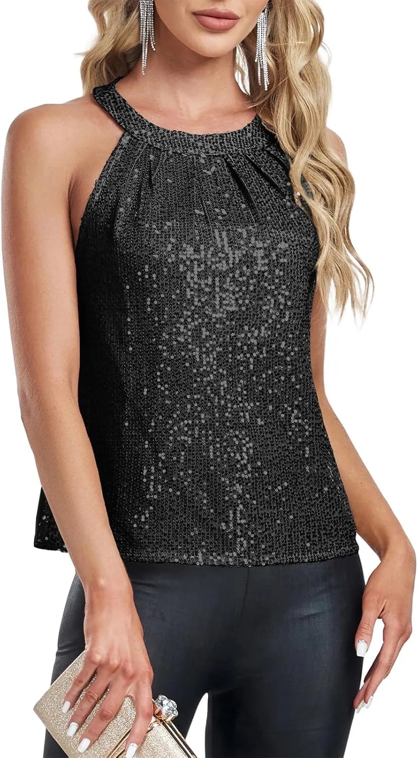Sequin Tops for Women Sparkly Tops Sleeveless Halter Tank Concert Outfits Party Club Cocktail Vest Disco Clothes