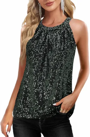 Sequin Tops for Women Sparkly Tops Sleeveless Halter Tank Concert Outfits Party Club Cocktail Vest Disco Clothes