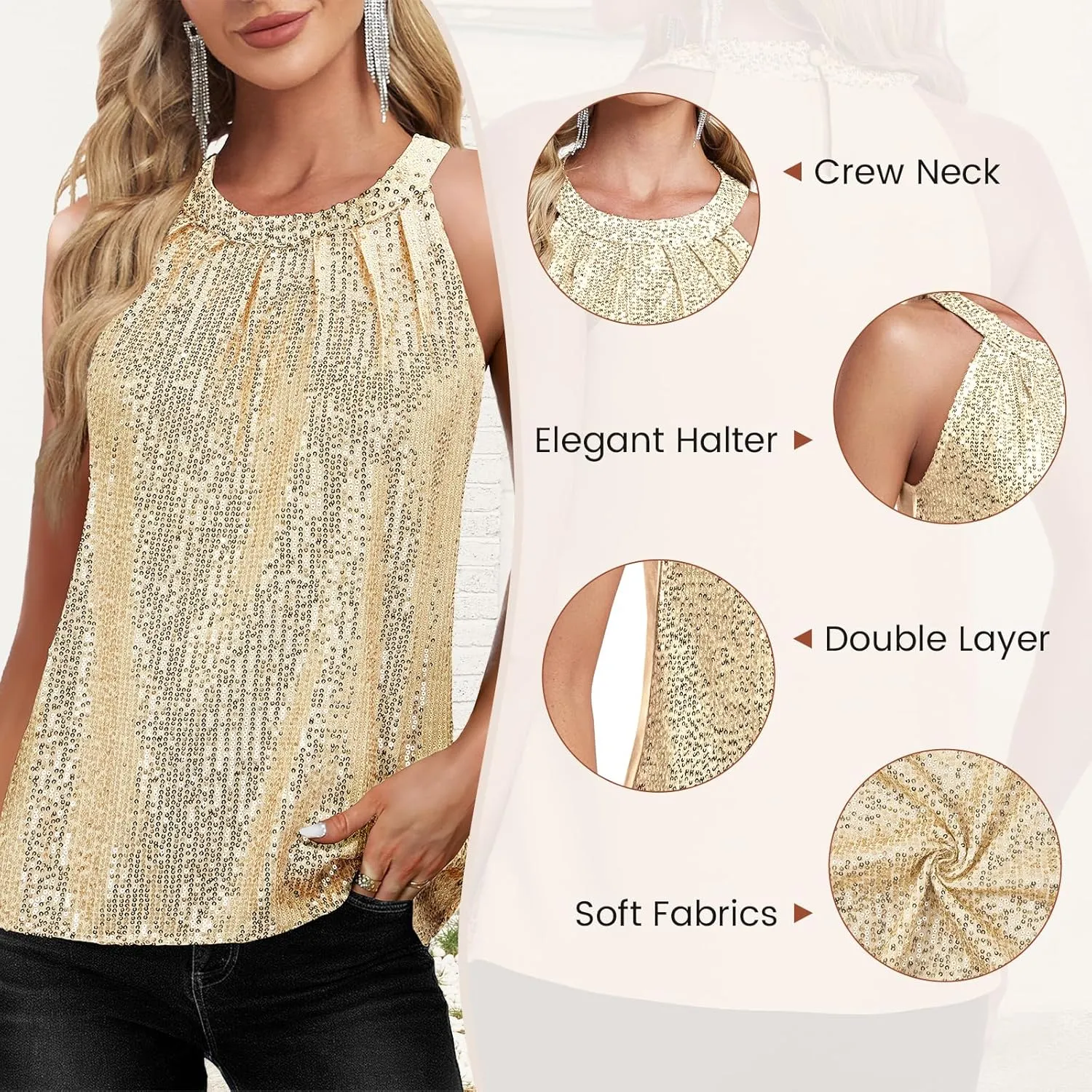 Sequin Tops for Women Sparkly Tops Sleeveless Halter Tank Concert Outfits Party Club Cocktail Vest Disco Clothes