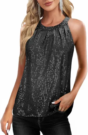 Sequin Tops for Women Sparkly Tops Sleeveless Halter Tank Concert Outfits Party Club Cocktail Vest Disco Clothes