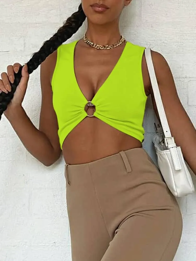 Sexy Crop Tops for Women Sleeveless Deep V Neck Workout Tops Plunge Ring Cleavage Cropped Tank Top