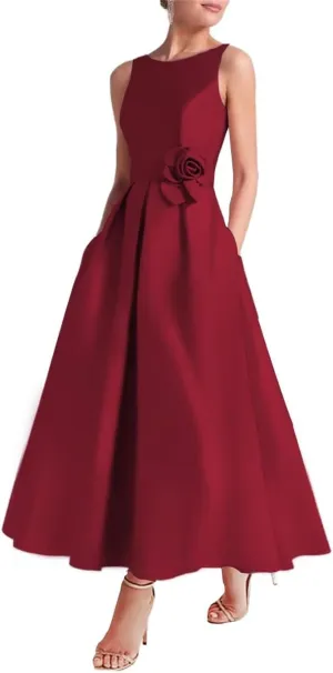 SHANDUAO 3D Flower Satin Mother of The Bride Dresses Midi Formal Evening Party Gown with Pocket