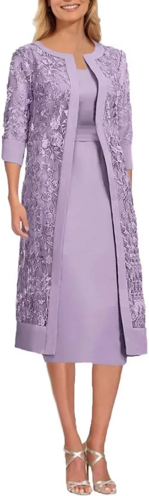 Short Sleeve Mother of The Bride Dresses with Jackets Laces Chiffon 2 Piece Formal Party Gowns Tea Length