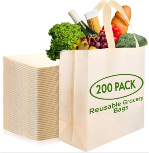 Simply Cool 200 Pack Medium Reusable Eco-Friendly Grocery Shopping Bags 12.6"x6.3"x11.8" Durable Recyclable Washable Foldable Portable Tote Bags Bulk