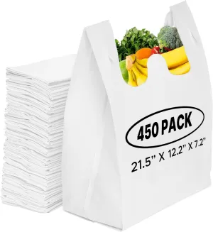 Simply Cool 450 Pack Reusable Eco-Friendly Grocery T-Shirt Shopping Bags 21.5"x12.2"x7.2" Durable, Recyclable Washable Foldable Portable Shopping Tote Bags Bulk