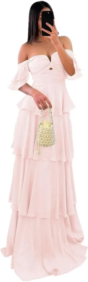 SINRWROD Off The Shoulder Tiered Prom Dresses Chiffon Ruffled Sleeves Bridesmaid Dress Ruched Party Gowns