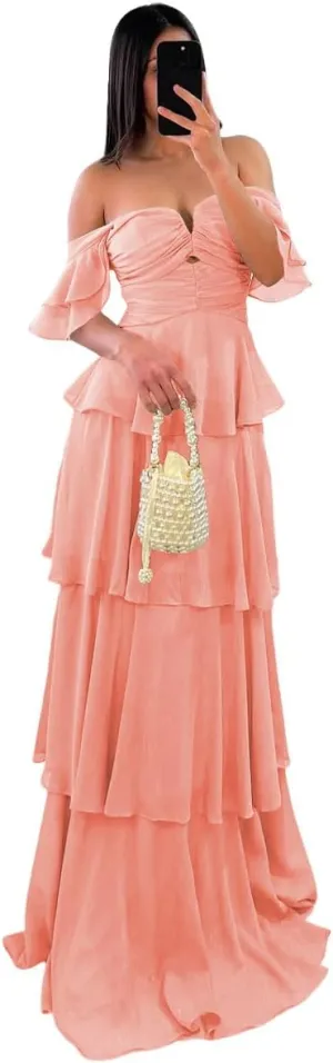 SINRWROD Off The Shoulder Tiered Prom Dresses Chiffon Ruffled Sleeves Bridesmaid Dress Ruched Party Gowns