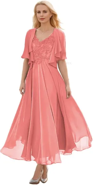 SIPUHK Women's 2 Pieces Mother of The Bride Dresses for Wedding Tea Length Lace Applique Short Sleeve Formal Gown with Jacket