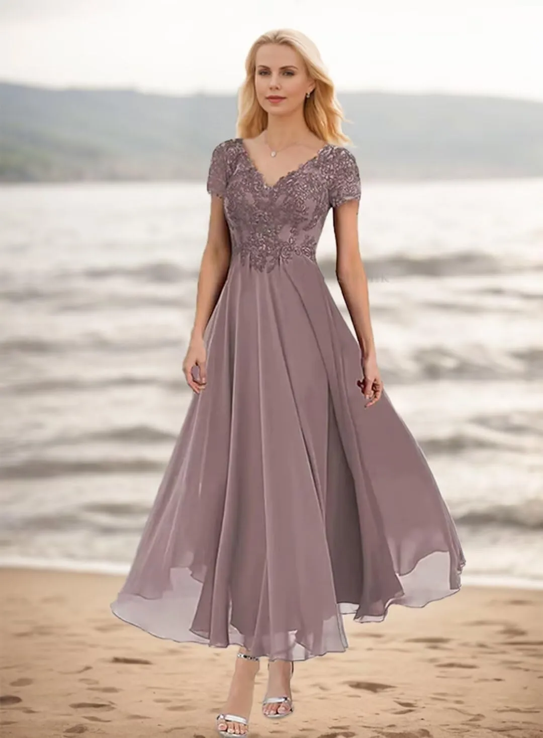 SIPUHK Women's 2 Pieces Mother of The Bride Dresses for Wedding Tea Length Lace Applique Short Sleeve Formal Gown with Jacket