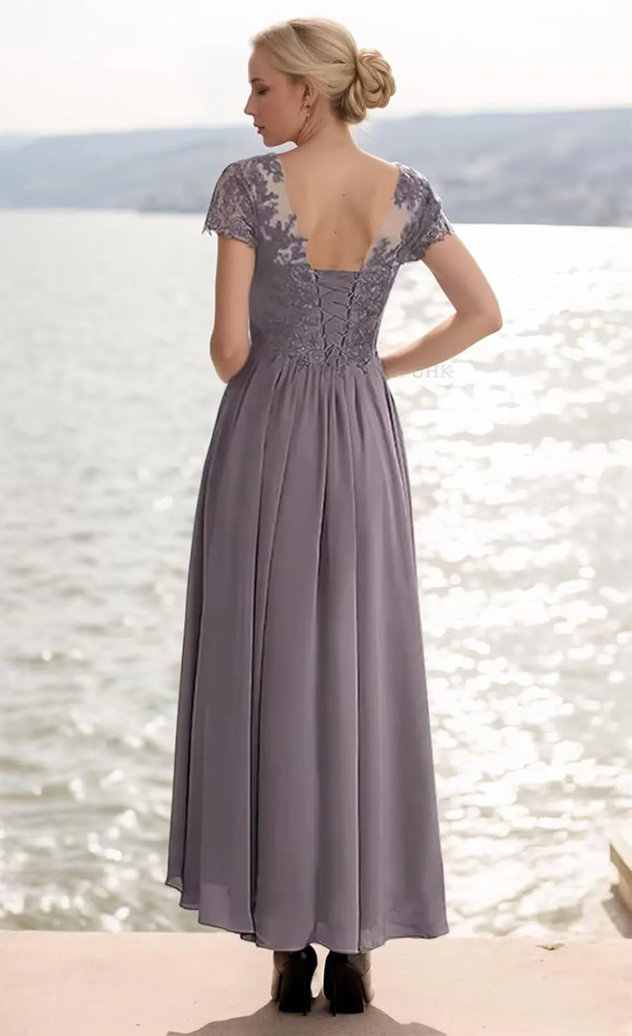 SIPUHK Women's 2 Pieces Mother of The Bride Dresses for Wedding Tea Length Lace Applique Short Sleeve Formal Gown with Jacket